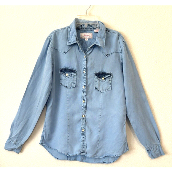 Panhandle Slim‎ Western Pearl Snap Blue Chambray Acid Wash Rodeo Girl Medium - Picture 1 of 7